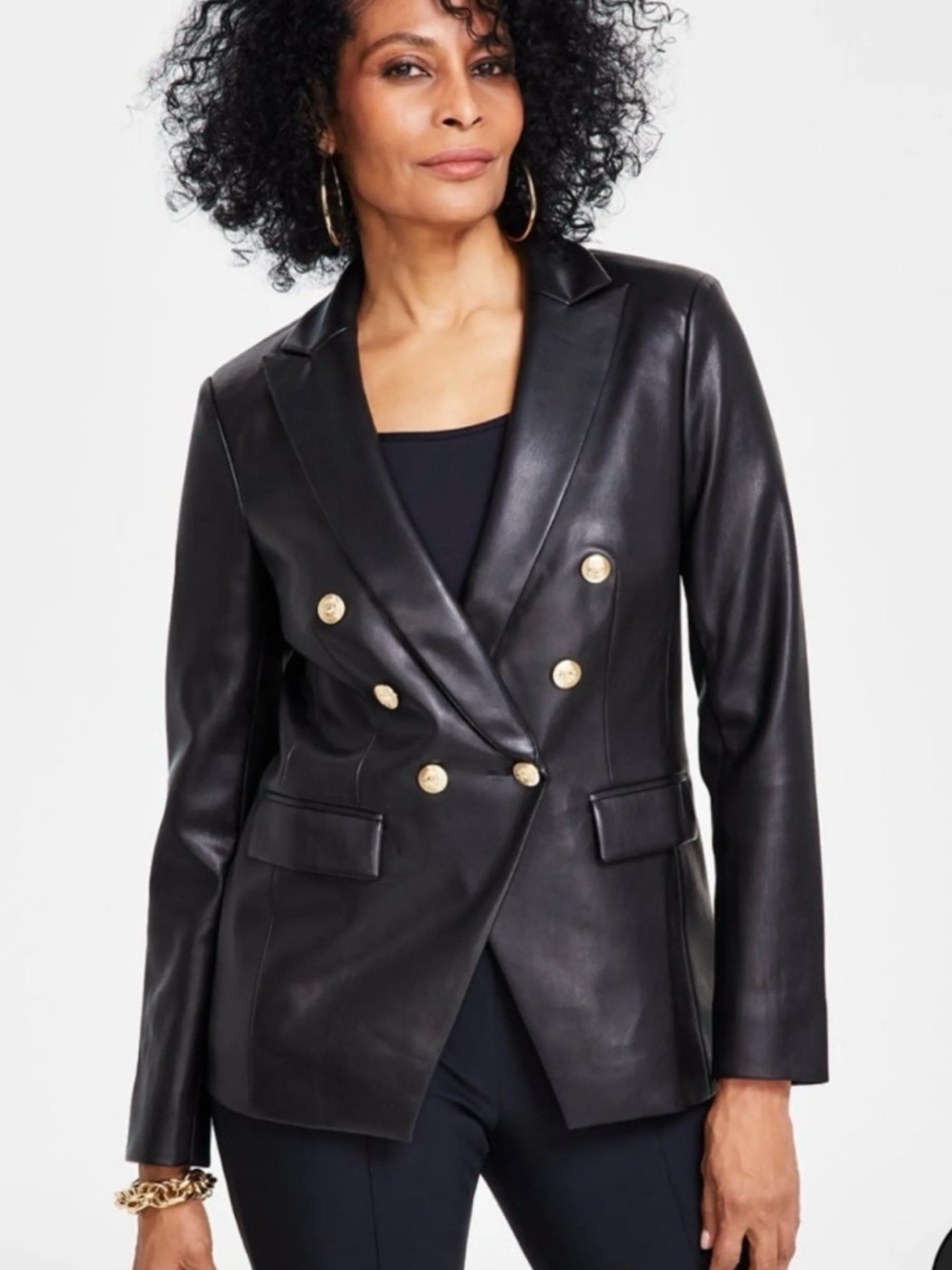 Black Double-Breasted Faux Leather Blazer Jacket